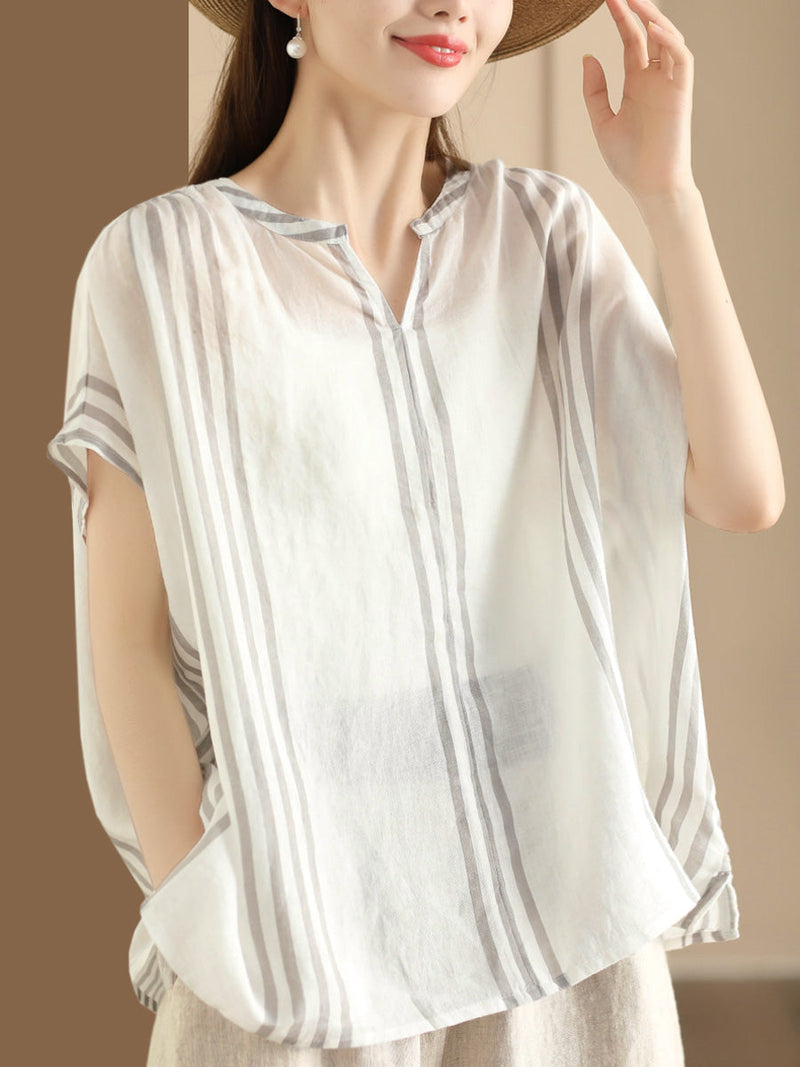 Summer Artsy Stripe V-neck Thin Linen Shirt