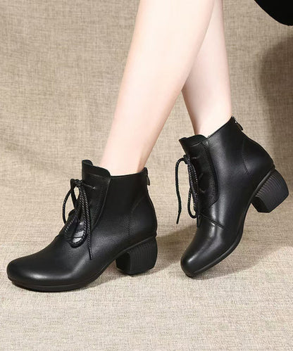 Black Chunky Cowhide Leather Comfy Splicing Boots Lace Up