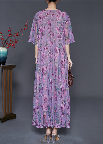 Unique Purple Print Exra Large Hem Chiffon Vacation Dresses Summer