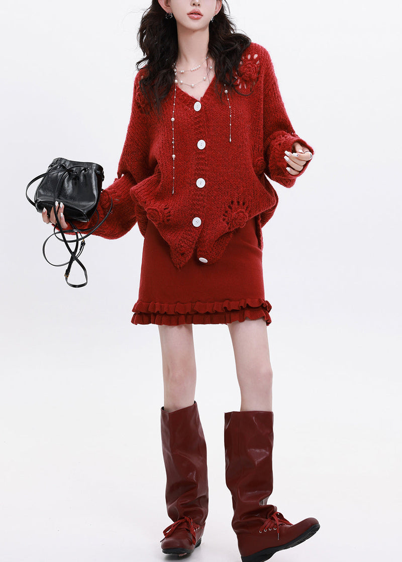 Red Oversized Decorated Knit Cardigan Winter