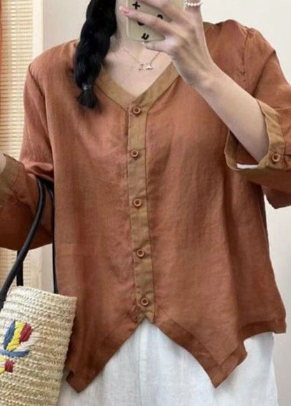 Green V Neck Asymmetrical Patchwork Linen Shirt Summer