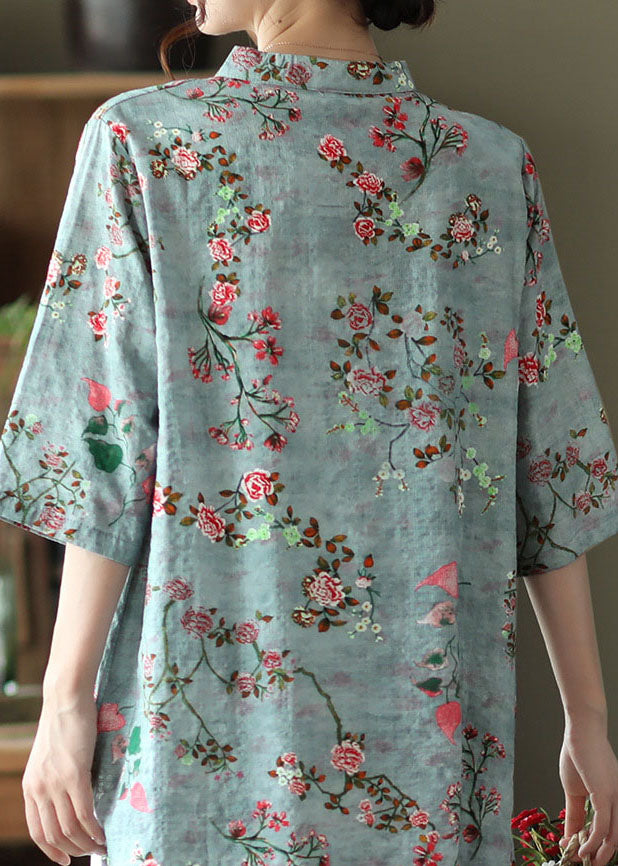 Blue Stand Collar Print Chinese Button Linen Shirt Half Sleeve