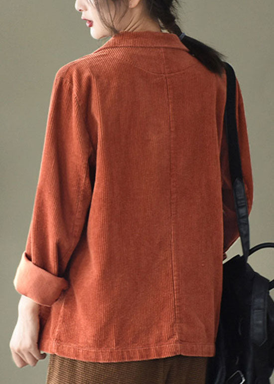 Loose Orange Yellow Button Pockets Peter Pan Collar Corduroy Coat Long Sleeve