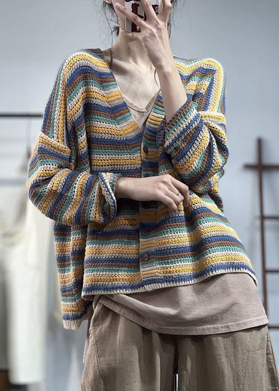 Blue V Neck Button Cotton Knit Coat Fall