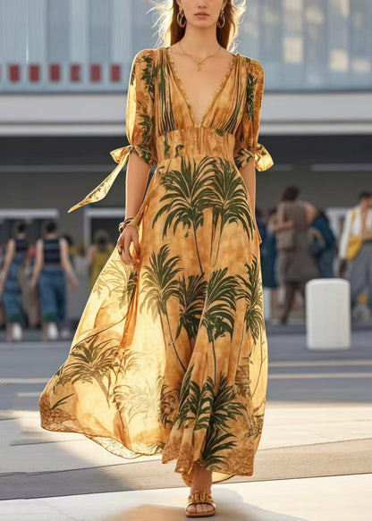 Khaki V Neck Print Cotton Holiday Dresses Summer