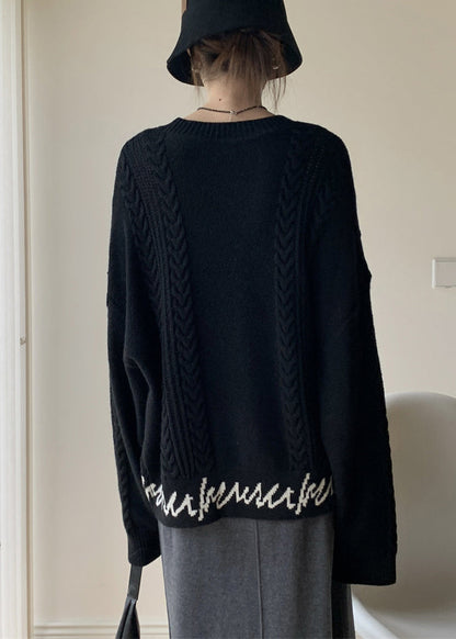 French Black O-neck Letter Cable Knit Sweaters Winter