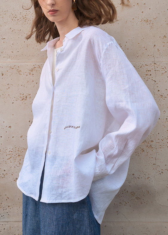 White Peter Pan Collar Embroidered Linen Blouses Spring