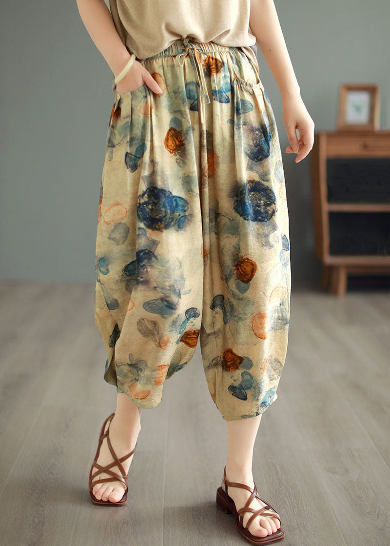 Khaki Elastic Waist Pockets Print Patchwork Cotton Lantern Pants Summer