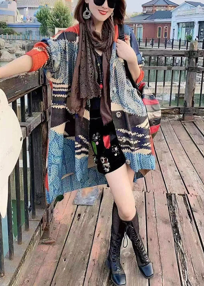 Color Block Loose Button Fall Knit Sweater Cardigan