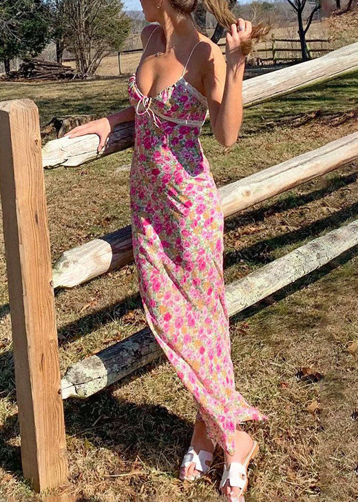 Fine Pink Print Cotton Spaghetti Strap Dress Summer