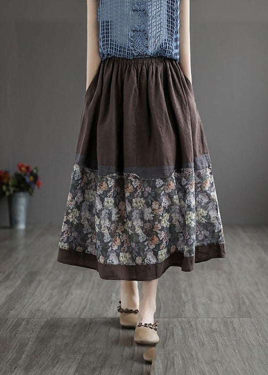 Coffee Wrinkled Pockets Print Patchwork Linen Skirt Summer