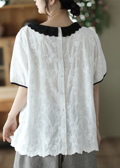 Brief White Peter Pan Collar Cotton Shirt Short Sleeve