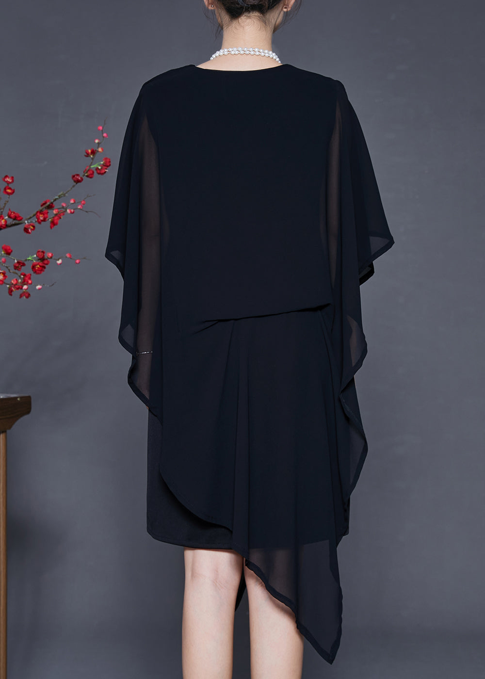 Black Asymmetrical Cold Shoulder Chiffon Tea Dress Summer
