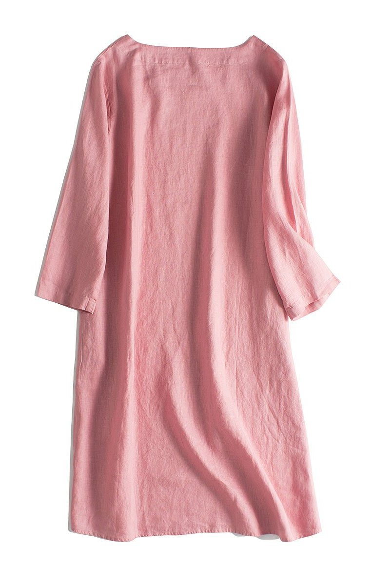 Simple Linen Pure Color 3/4 Sleeve Dress Outfits
