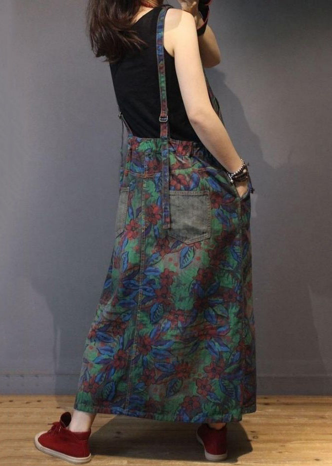 Print Pockets High Waist Denim Straps Dress Sleeveless