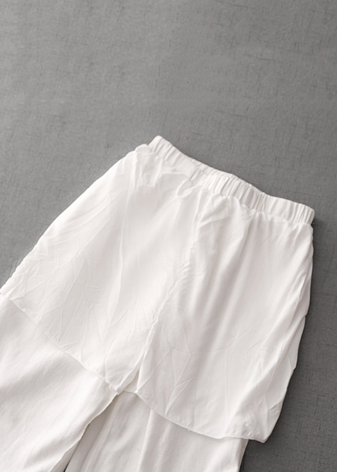 Simple White Pockets Elastic Waist Cotton Pants Summer