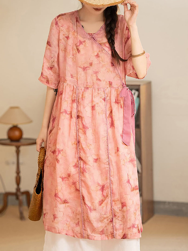 Summer Flower Strap V-neck Ramie Dress