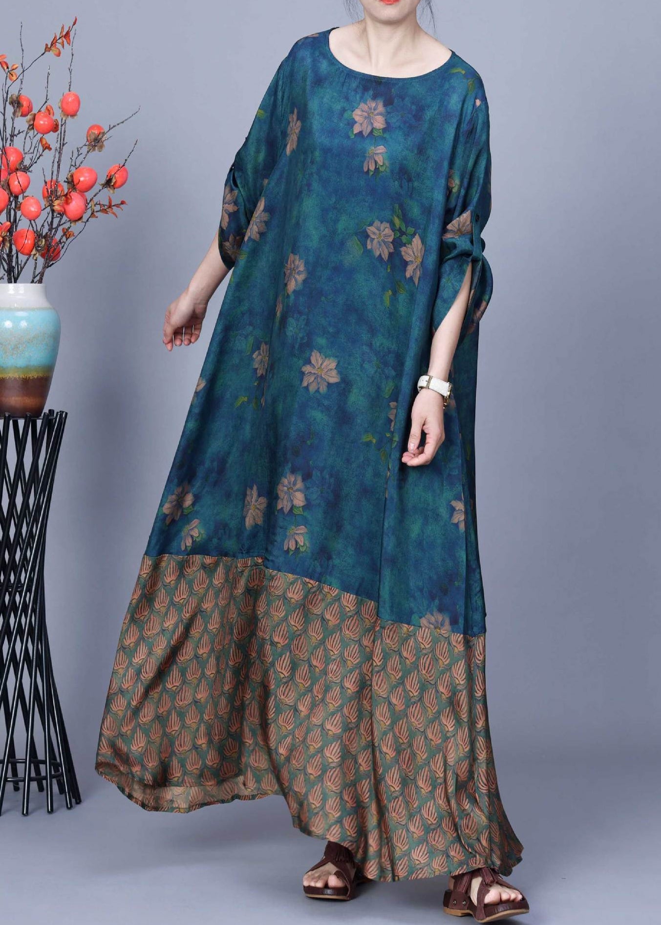 Retro Blue O-neck Print Patchwork Silk Maxi Dress Spring