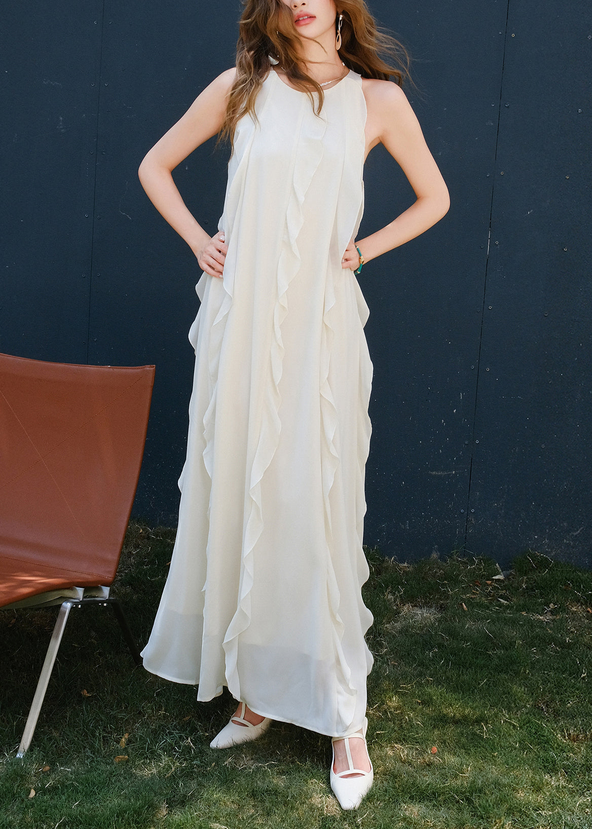 Italian White O Neck Ruffled Cotton Long Dresses Sleeveless
