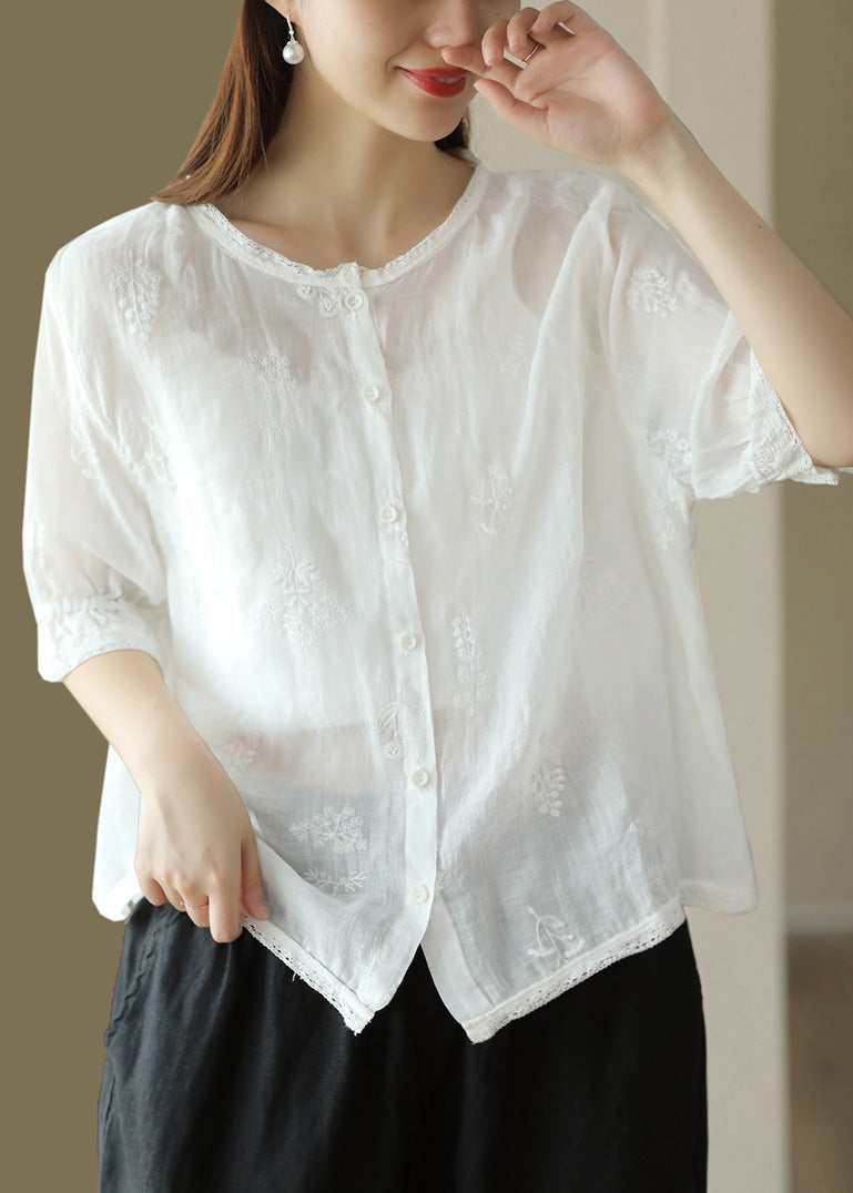 Green O Neck Embroidered Linen Shirt Summer