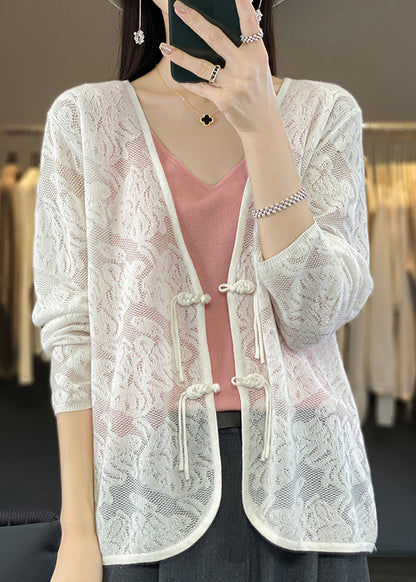 White V Neck Chinese Button Knit Cardigan Fall