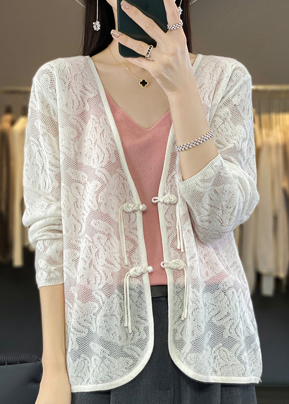 White V Neck Chinese Button Knit Cardigan Fall