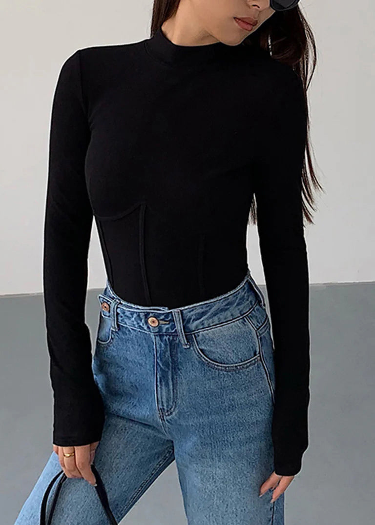 White Half Hign Neck Patchwork Slim Fit Cotton Top Spring