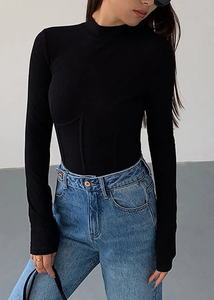 White Half Hign Neck Patchwork Slim Fit Cotton Top Spring