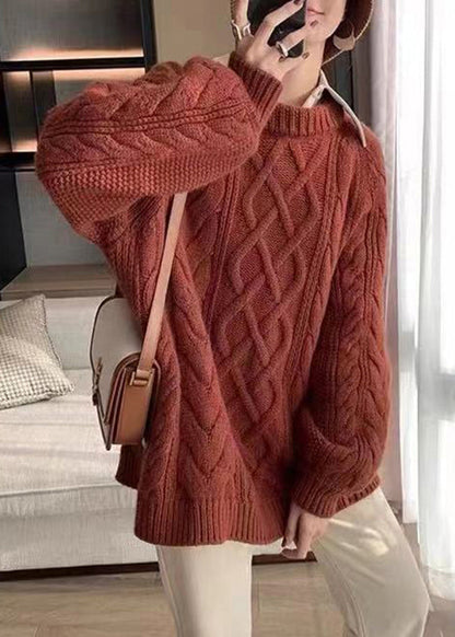 Apricot O Neck Thick Cotton Knit Sweater Fall