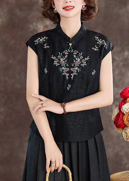 Retro Black Stand Collar Embroidered Silk T Shirt Summer