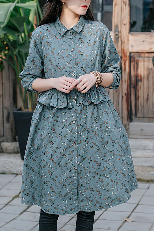 Spring New Retro Cotton and Linen Long-sleeved Printed Shirt Loose Top Dress