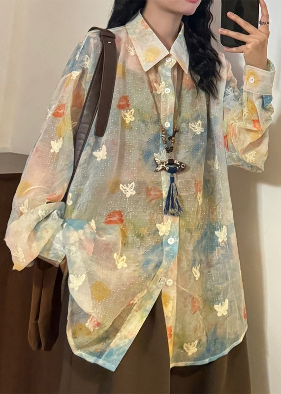 Rainbow Peter Pan Collar Butterfly Button Cotton Shirts Spring