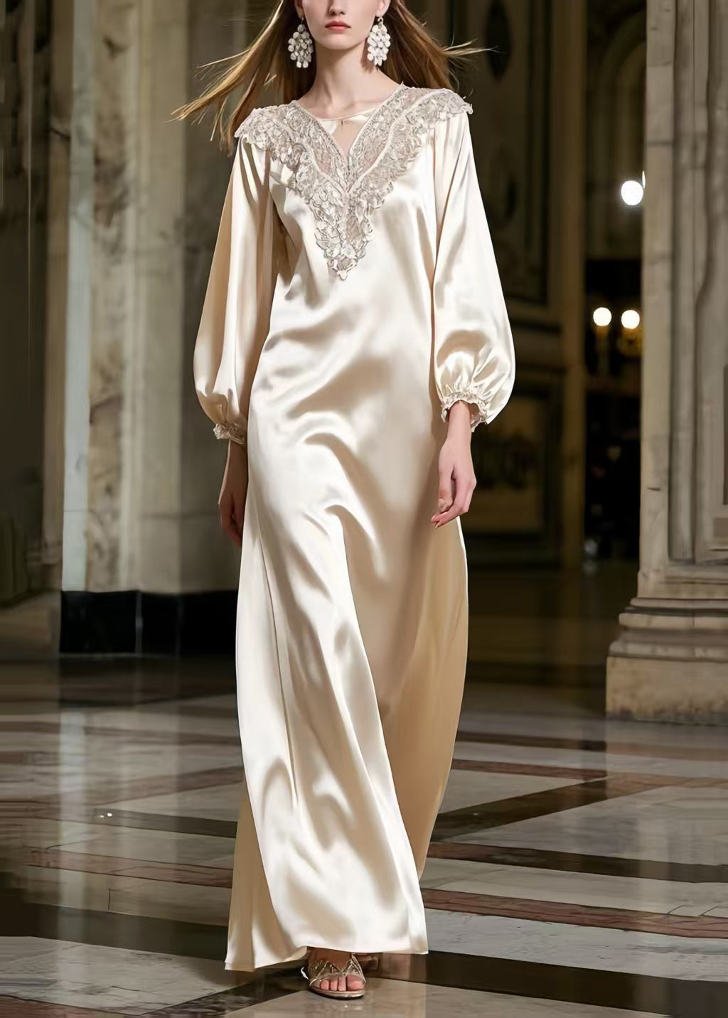 Champagne Lace Neck Draping Silk Robe Dresses Spring