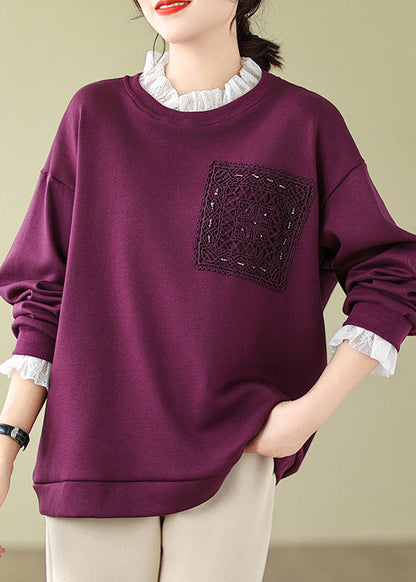 Purple Lace Patchwork Warm Fleece Sweatshirts Spring