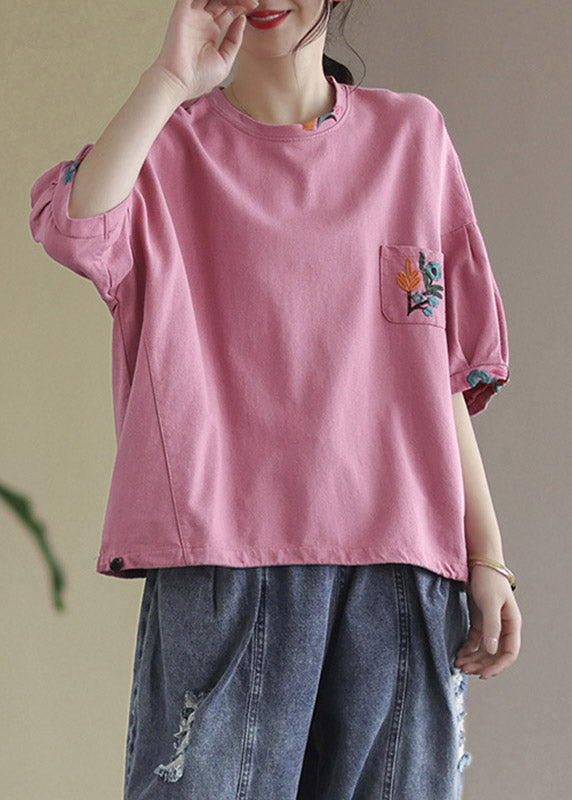 Vogue Pink O-neck Embroidered T Shirt Half Sleeve