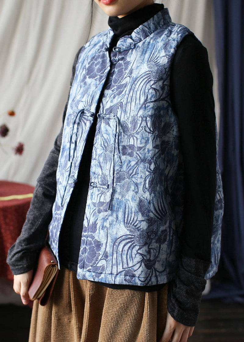 Blue Tassel Print Fine Cotton Filled Vest Tops Sleeveless
