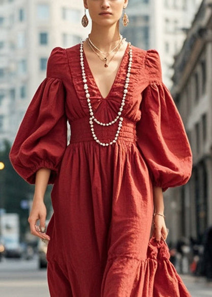 Dull Red V Neck Exra Large Hem Silm Fit Dress Lantern Sleeve
