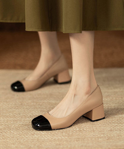 French Beige Splicing Chunky Heel Loafers for