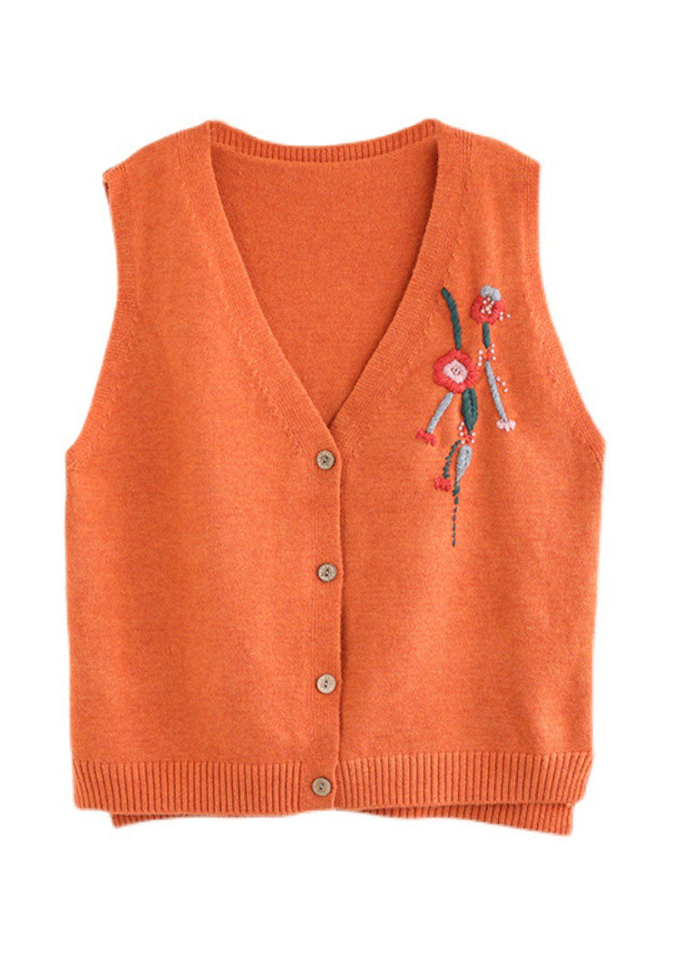 Orange V Neck Embroidered Knit Vest Spring