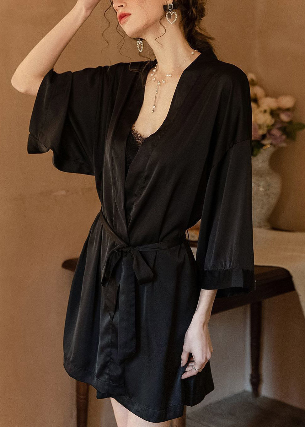 Black Backless Ice Silk Cardigans and Slips Lingerie Set