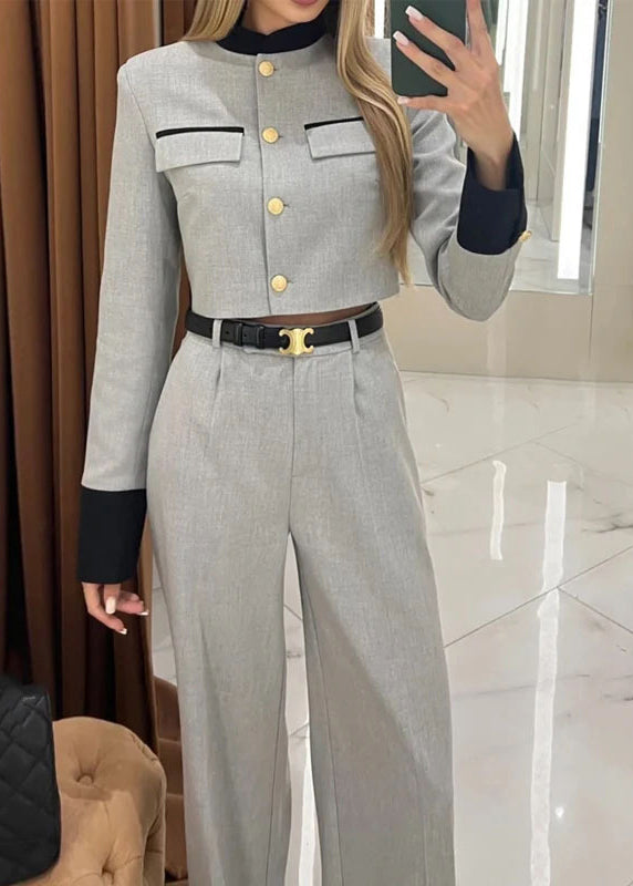 Style Grey Tops and Pants Cotton Two Pieces Set Fall