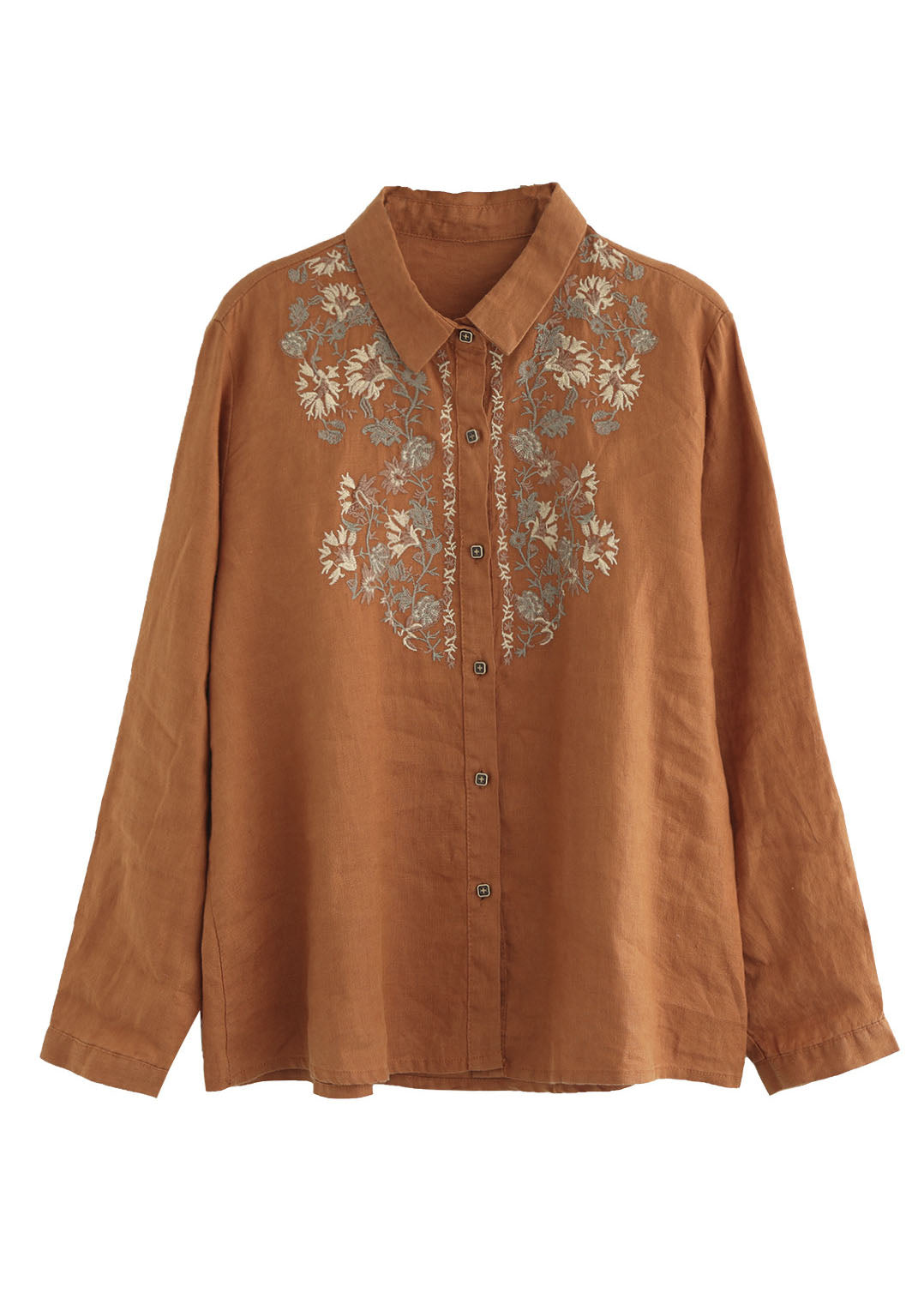 French Beige Peter Pan Collar Embroidered Linen Shirt Tops Spring