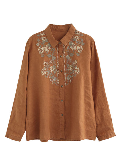 French Beige Peter Pan Collar Embroidered Linen Shirt Tops Spring