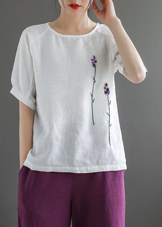 Organic White O-neck Embroidered Linen Tank Tops Short Sleeve