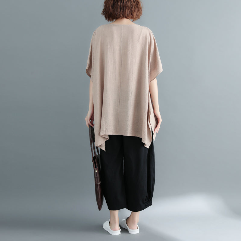 New Khaki Midi-length Cotton Linen T Shirt Loose Fitting Cardigans Short Sleeve O Neck Linen Blouses