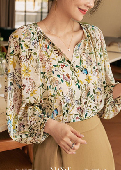 V Neck Print Shirts Lantern Sleeve