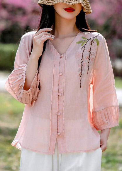 Art White V Neck Embroidered Linen Shirt Fall