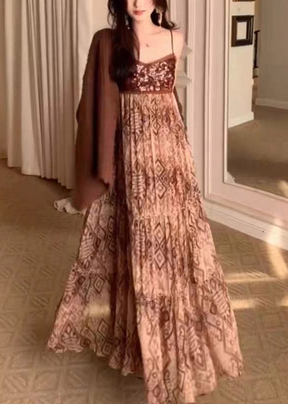 Brown V Neck Knit Cardigans and Long Spaghetti Strap Dress Two Piece Set Spring
