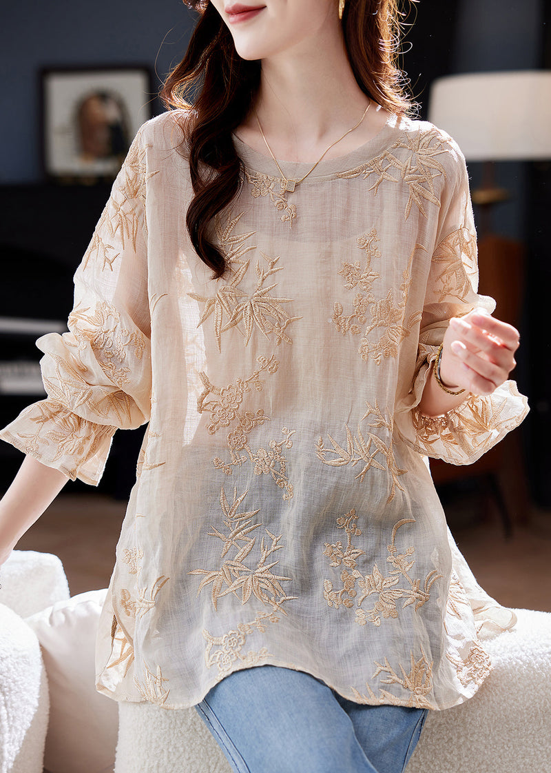 Stylish Apricot Embroidered Ramie Top Flare Sleeve