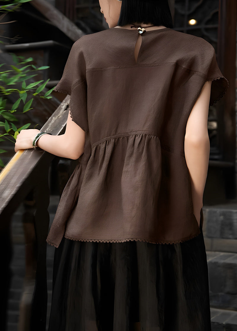 Art Brown Oversized Patchwork Wrinkled Linen Tank Tops Summer